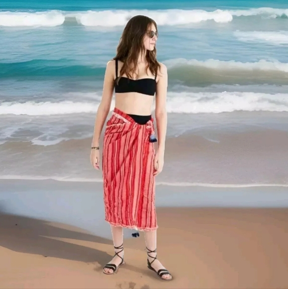 Madewell Other - Madewell Fringed Pom Poms Sarong Scarf Beach Festival Blanket Coral Red New